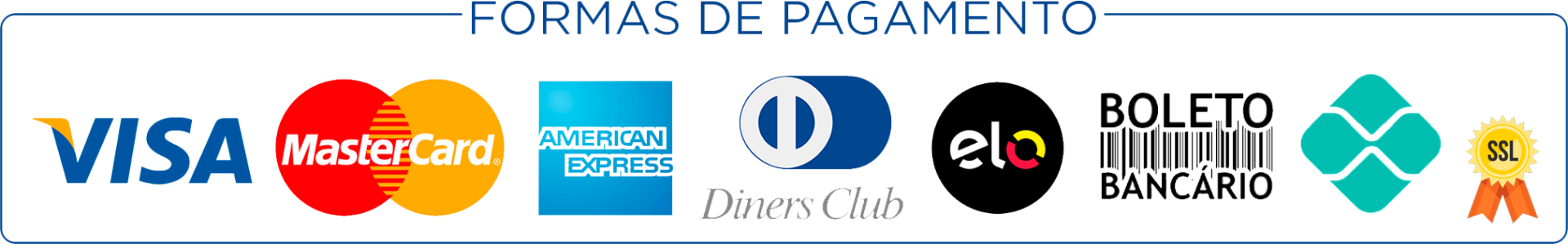 Formas de pagamento aceitas: Visa, Mastercard, Elo, Boleto, Pix e site seguro SSL